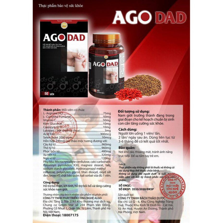Ago Dad - Hỗ trợ bổ thận, tăng chất lượng tinh trùng, tăng cường sinh lý nam (50 viên) ..